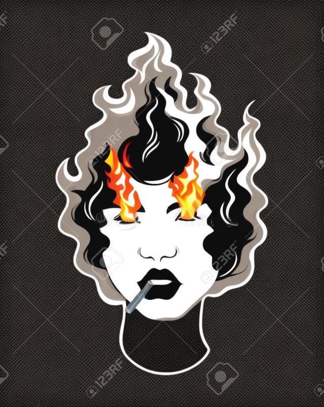 Wektorowa kolorowa, ręcznie rysowana ilustracja dziewczyny z ogniem i papierosem, tatuażem, wykonaną w stylu lat 90., szablonem dla karty, plakatu, banera wydruku dla koszulki, tekstyliów, odznaki, naklejki, przypinki