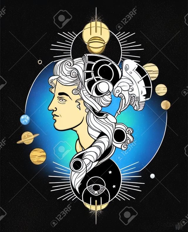 Illustrazione disegnata a mano di vettore di Hermes con i pianeti. Modello per carta, poster. banner, stampa per t-shirt, spilla, badge, patch.
