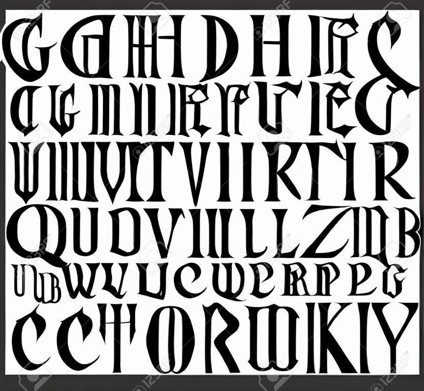 Carattere gotico scritto a mano vettoriale per caratteri unici. Tipografia per carta, poster, banner, stampa per t-shirt, etichette, badge, titoli.