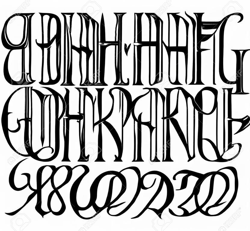 Vector handgeschreven gothic lettertype voor unieke letters. Typografie voor kaart, poster, banner, print voor t-shirt, label, badges, krantenkoppen.