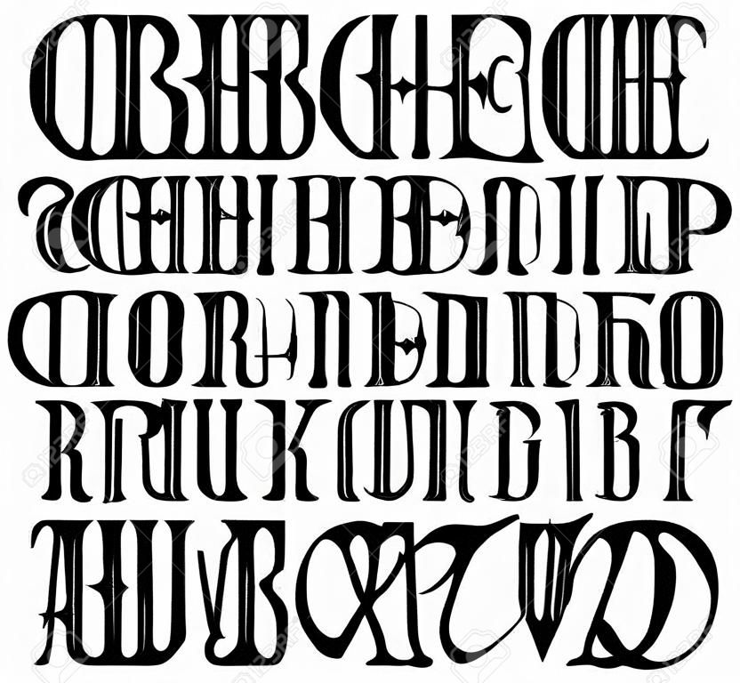 Police gothique manuscrite vectorielle pour un lettrage unique. Typographie pour carte, affiche, bannière, impression pour t-shirt, étiquette, badges, titres.
