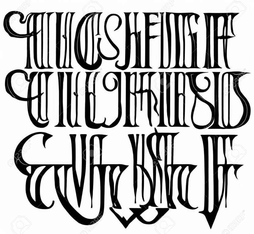 Carattere gotico scritto a mano vettoriale per caratteri unici. Tipografia per carta, poster, banner, stampa per t-shirt, etichette, badge, titoli.