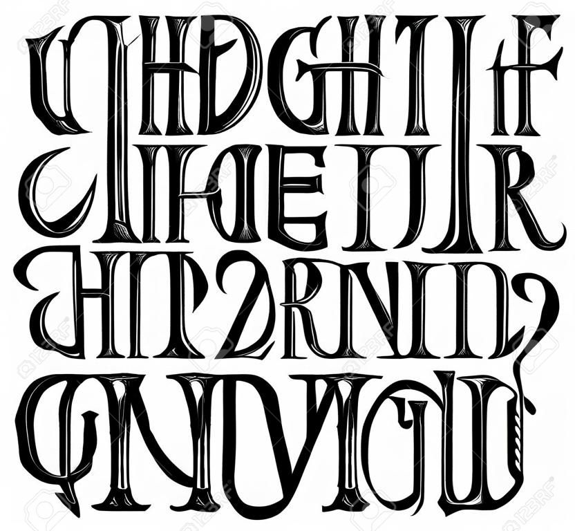 Vektor handgeschriebene gotische Schriftart für einzigartige Beschriftung. Typografie für Karte, Poster, Banner, Druck für T-Shirt, Label, Abzeichen, Schlagzeilen.