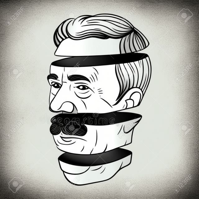 Ilustração desenhada à mão do vetor do homem velho com bigode isolado. Arte de tatuagem criativa. Modelo para cartão, cartaz. banner, impressão para t-shirt, alfinete, crachá, patch.