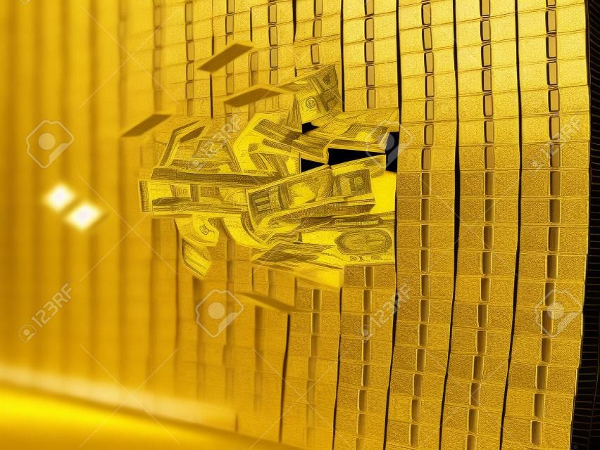 Signe dollar d'or percer le mur de l'argent