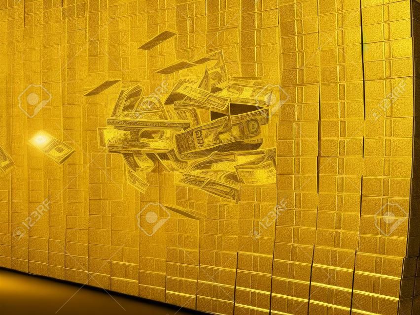 Signe dollar d'or percer le mur de l'argent