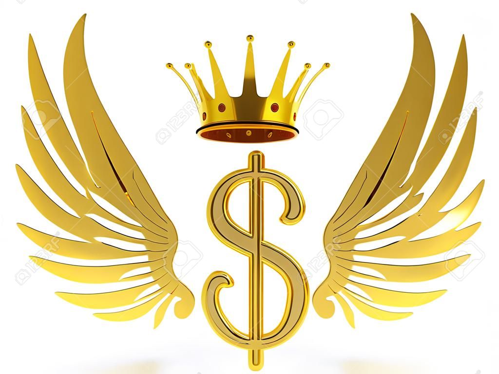 帶翅膀和皇冠在白色背景的黃金美元符號