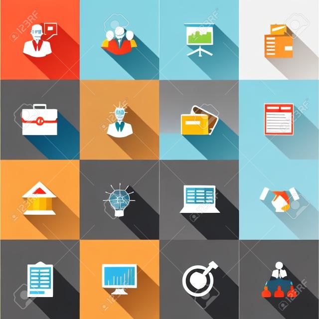Vector set of 16 flat business icons with long shadow