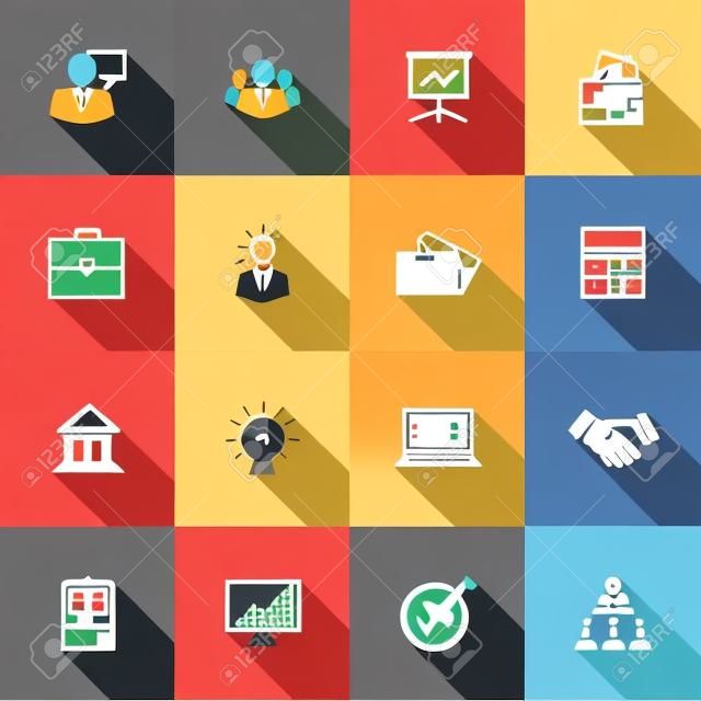 Vector set of 16 flat business icons with long shadow