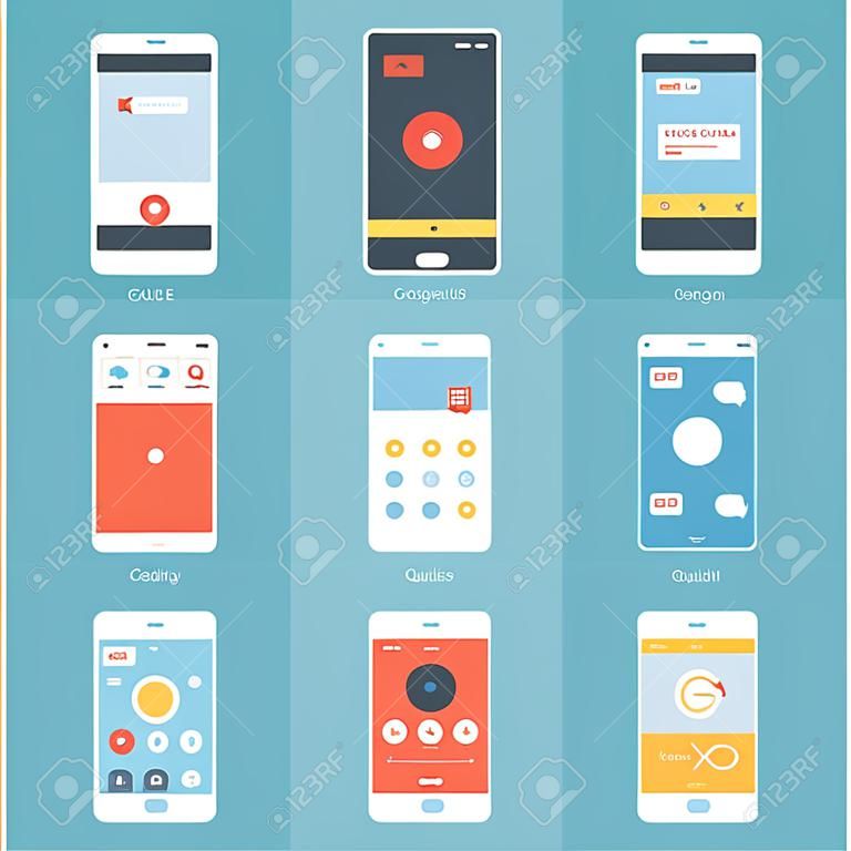 Coleção de vetores plana de telefones celulares modernos com diferentes elementos de interface de usuário.