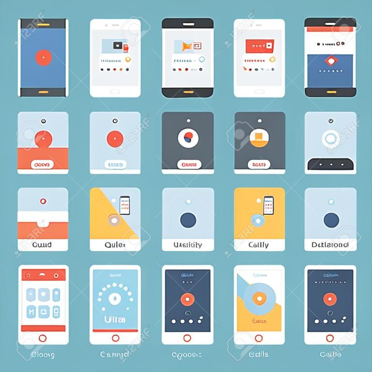 Flat vector collection of modern mobile phones with different user interface elements.