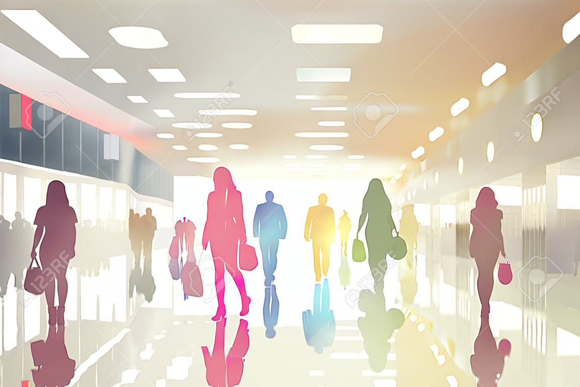 Kleurrijke silhouetten van mensen in het interieur van moderne warenhuis met glazen paviljoens en spiegelvloer