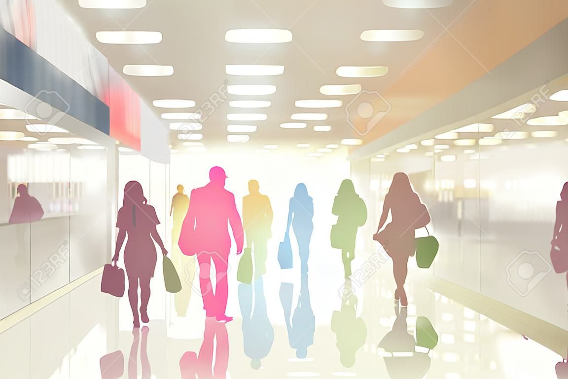 Colorful silhouettes of people in the interior of modern department store with glass pavilions and mirror floor