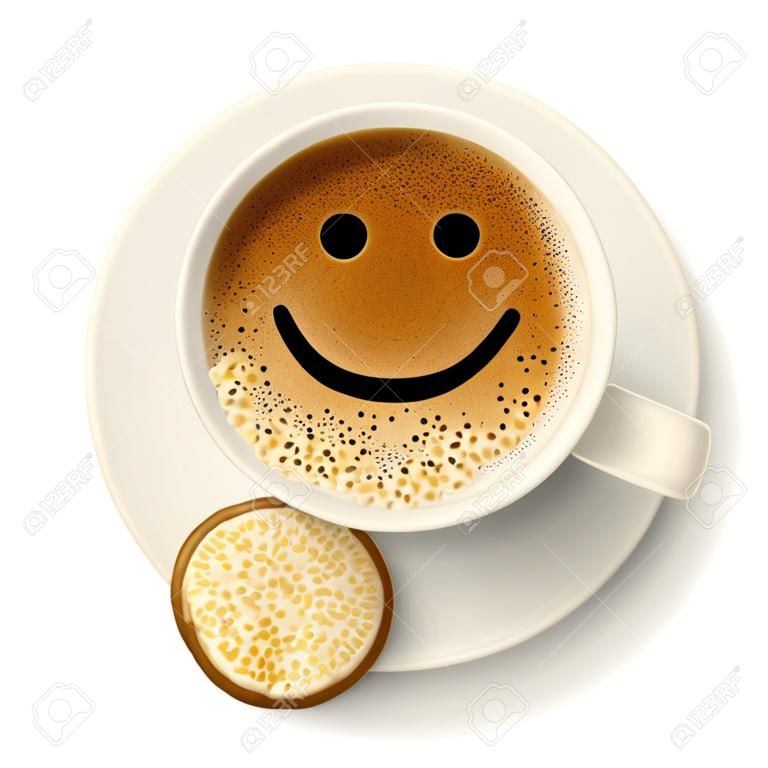 咖啡杯泡沫在笑臉的形式。餅乾的碟子。良好的情緒和活潑的活躍的一天