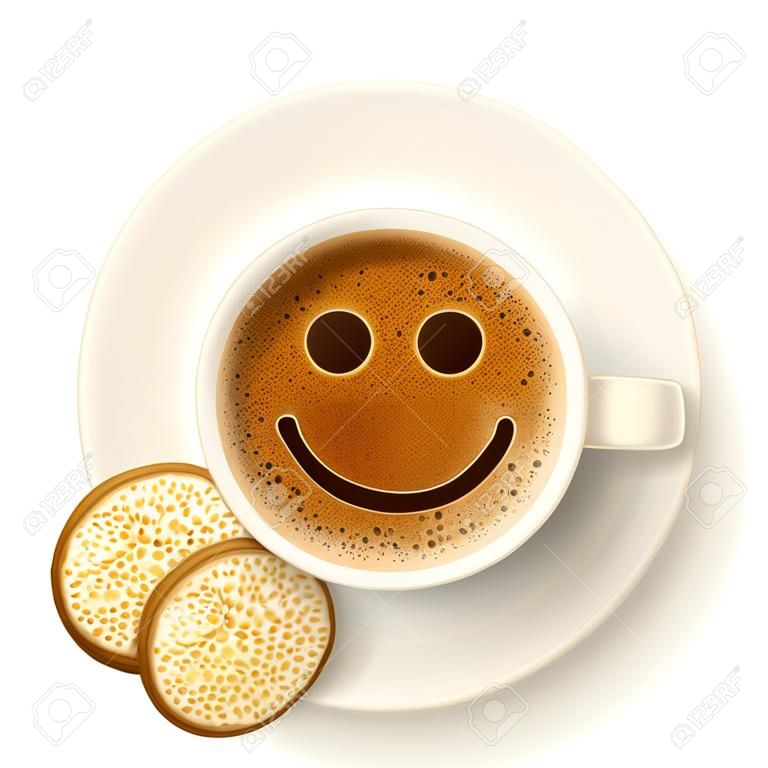 Copo de café com espuma na forma de rosto sorridente. Cookies no disco. Bom humor e vivacidade para o dia ativo