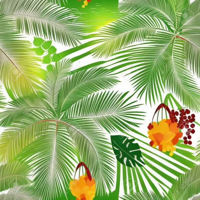 Vector illustration Vector illustration Seamless color palm leaves and fruit pattern