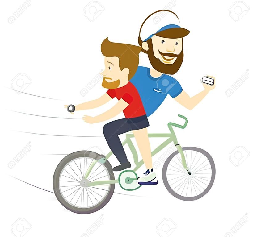 Vector illustration Bearded fitness personal trainer instructor and funny sportsman cycling. Flat style