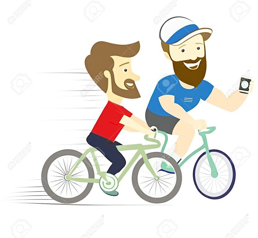 Vector illustration Bearded fitness personal trainer instructor and funny sportsman cycling. Flat style