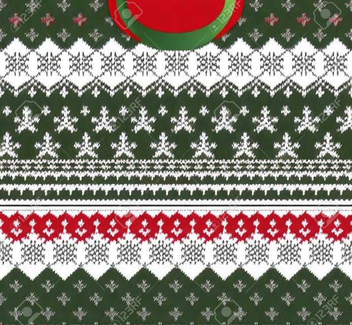 醜いセーターメリークリスマスと新年あけましておめでとうございますグリーティングカードフレームボーダーテンプレート。ベクトルイラストは、フォークスタイルのスカンジナビアの装飾品で背景パターンを編んだ。白、赤、緑の色。