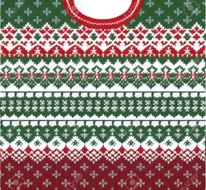 醜いセーターメリークリスマスと新年あけましておめでとうございますグリーティングカードフレームボーダーテンプレート。ベクトルイラストは、フォークスタイルのスカンジナビアの装飾品で背景パターンを編んだ。白、赤、緑の色。
