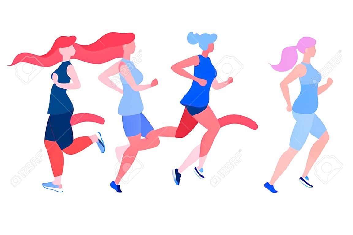 Three women jogging running. Sport fitness outfit clothes. Blue, pink, red colors on white background. Vector illustration flat style.