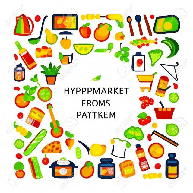 Supermarket hypermarket store food, market products, goods, appliances, clothes, toys, music, sports round thin line icons background frame pattern. Vector illustration in linear simple style.