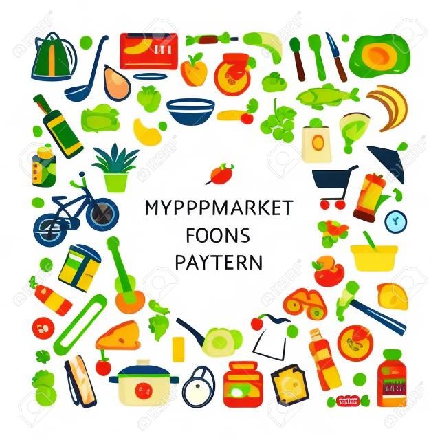 Supermarket hypermarket store food, market products, goods, appliances, clothes, toys, music, sports round thin line icons background frame pattern. Vector illustration in linear simple style.