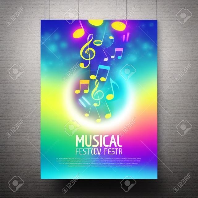 Colorful vector music festival concert template flyer. Musical flyer design poster with notes.