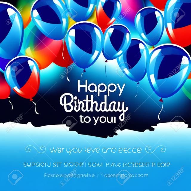 Vector happy birthday card with blue balloons, party invitation