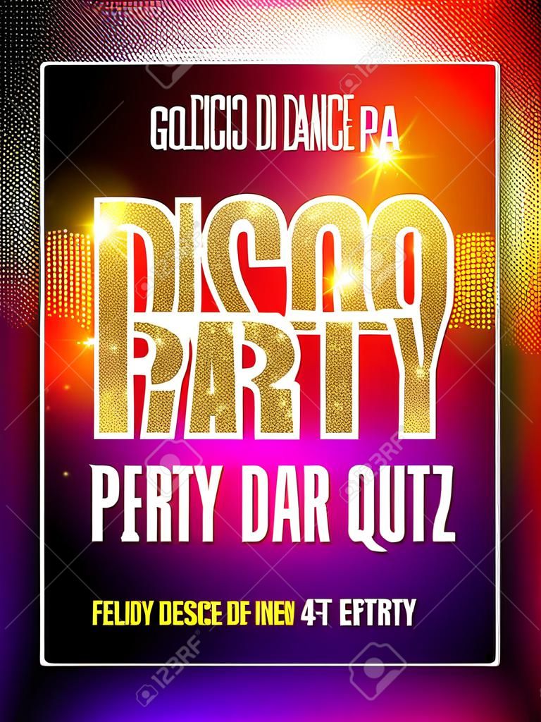 Disco fél poszter sablon. Éjszakai buli szórólap. Disco party arany design sablon sötét színes háttér. Disco dance party arany háttér