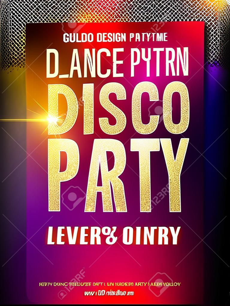Disco Party Poster Template. Night Dance Party flyer. Disco partij gouden design template op donkere kleurrijke achtergrond. Disco dans gouden partij achtergrond