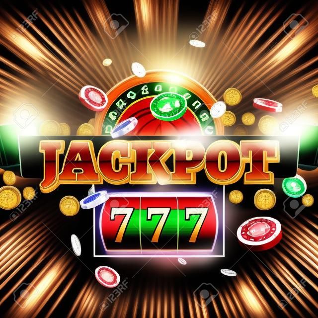 Jackpot 777 kumar poster tasarımı. Para kazanan kazanan casino başarı kavramı. Slot makinesi oyunu ödülü.