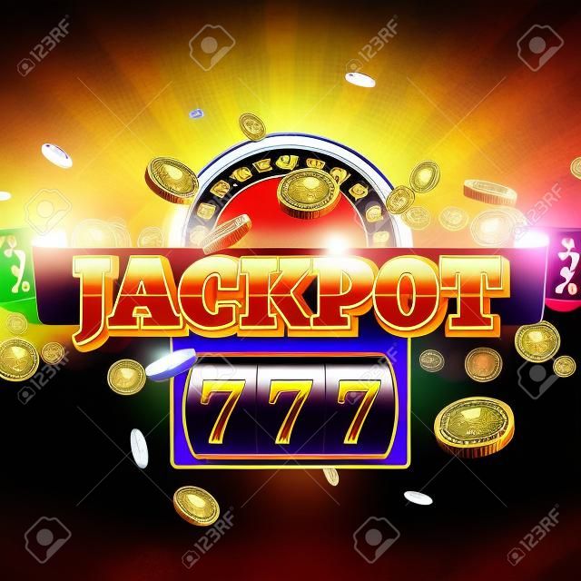 Jackpot 777 gambling poster design. Money coins winner casino success concept. Slot machine game prize.
