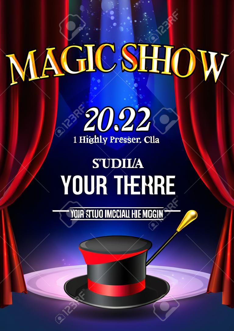 Magiczny plakat szablon projektu. Złudzenie magiczne tło wektor. Ulotka magika teatralnego z kapeluszową sztuczką.