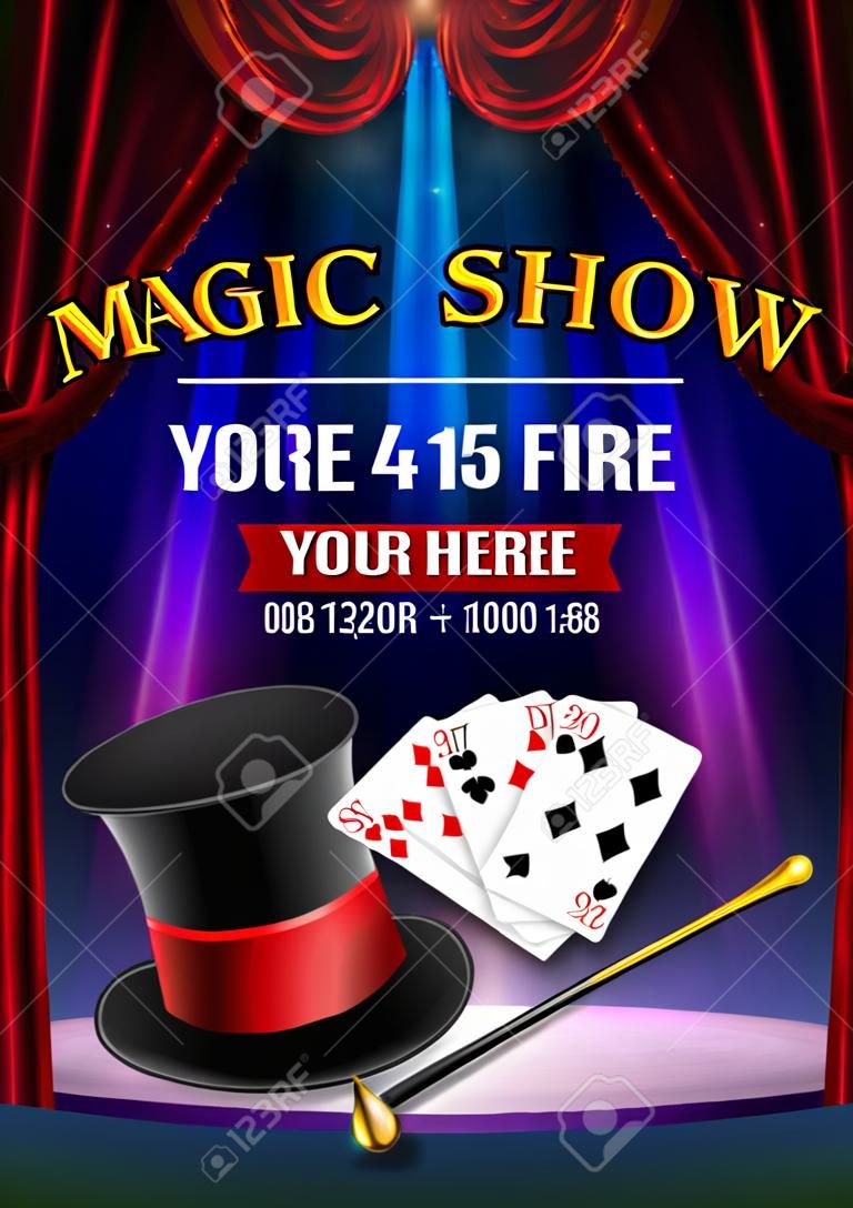 Magic Show modèle de conception d'affiche. Illusion de fond de vecteur magique. Afficheur de théâtre magique avec un tour de chapeau.