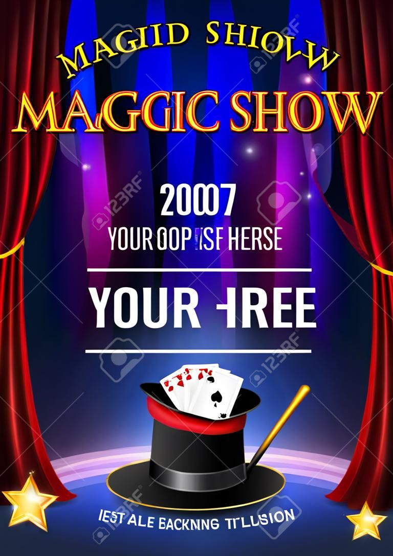 Plantilla de diseño de cartel de Magic Show. Fondo de vector mágico de ilusión. Folleto de mago del teatro con truco de sombrero.