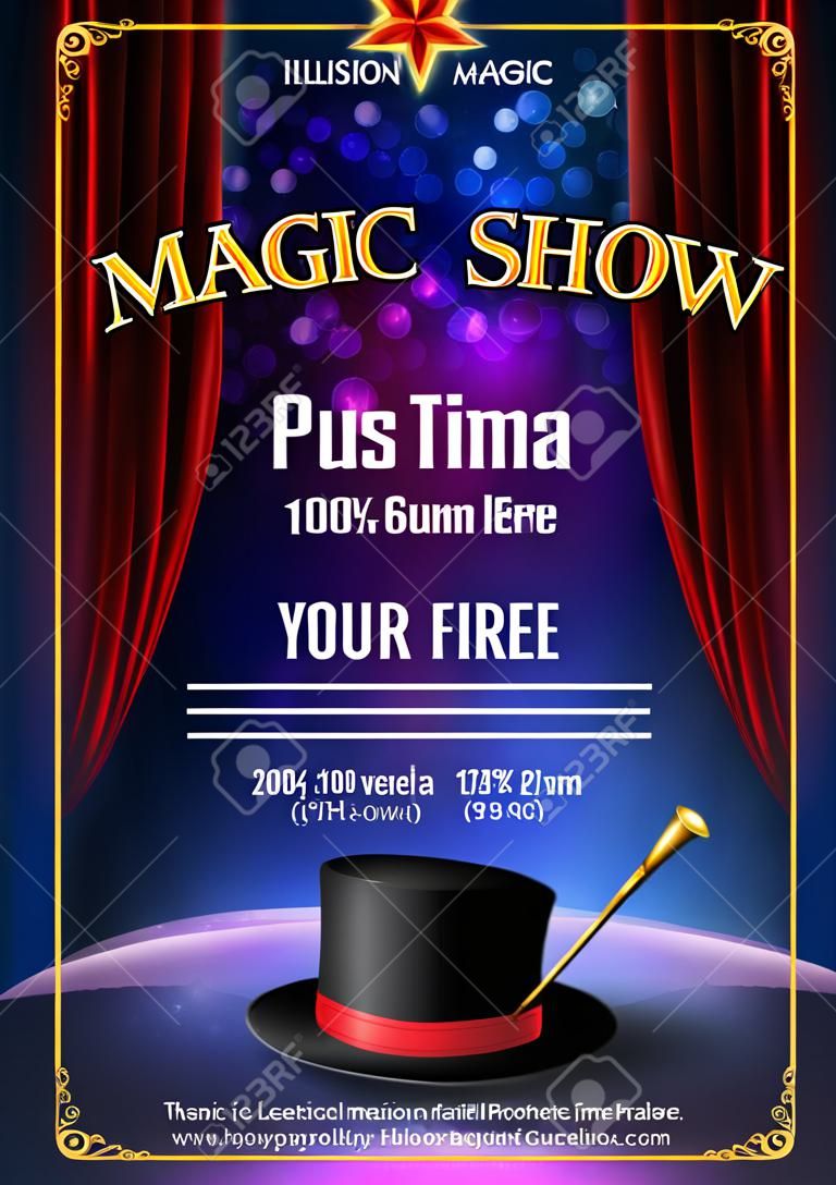 Plantilla de diseño de cartel de Magic Show. Fondo de vector mágico de ilusión. Folleto de mago del teatro con truco de sombrero.