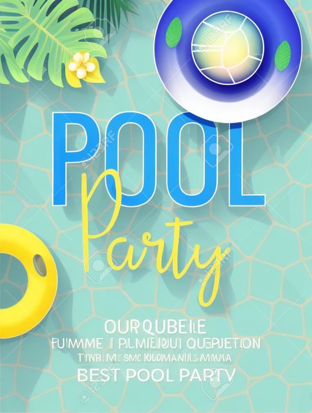 Pool summer party invitation template invitation. Pool party invitation with palm. Poster or flyer vector design.