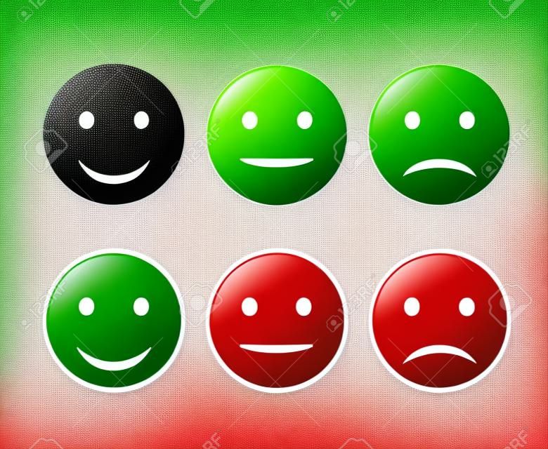 Smiley icon set. Emoticons positive, neutral and negative. Vector isolated red and green mood. Rating smile for customer opinion isolated.