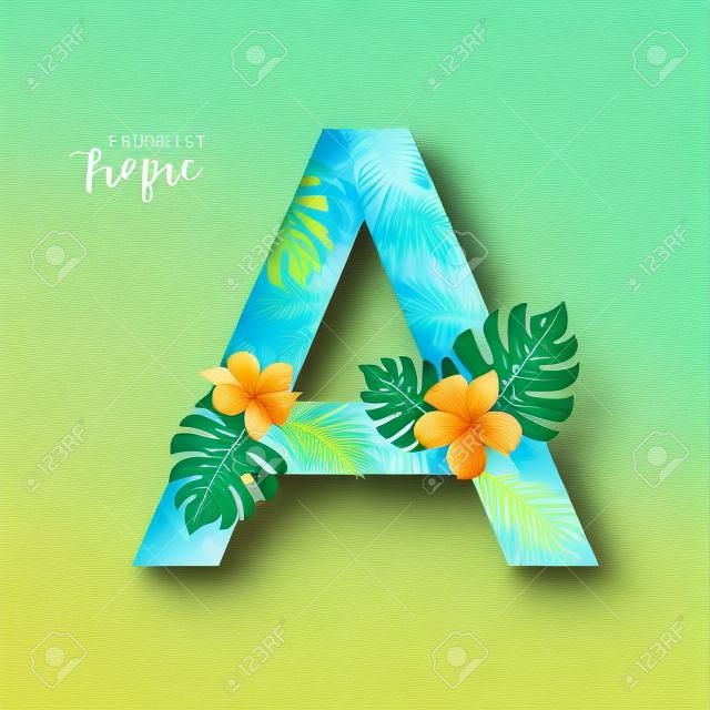 Alfabeto esotico tropicale lettera a. Lettera di carattere floreale con palmo. Design creativo tipografia testo estivo A.