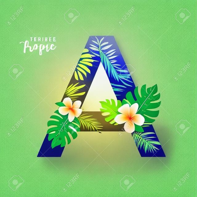 Alfabeto esotico tropicale lettera a. Lettera di carattere floreale con palmo. Design creativo tipografia testo estivo A.