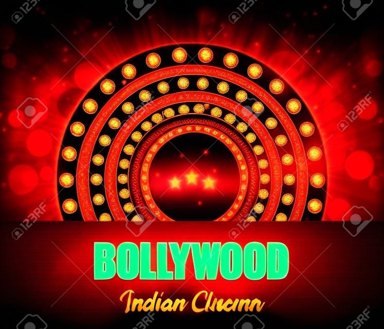 Bollywood Indian Cinema Film Banner. Indian Cinema Logo Sign Design Glowing Element with Stage.