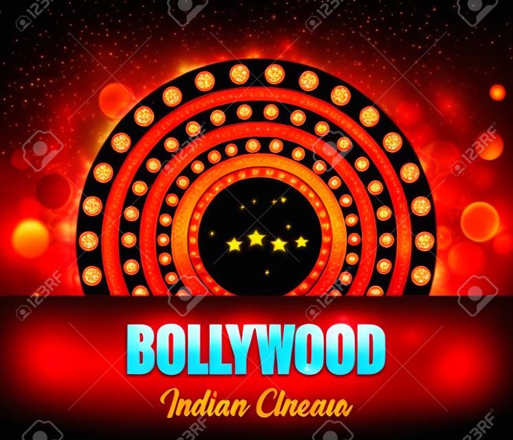 Bollywood Indian Cinema Film Banner. Projekt znaku Logo kina indyjskiego Świecący element ze sceną.
