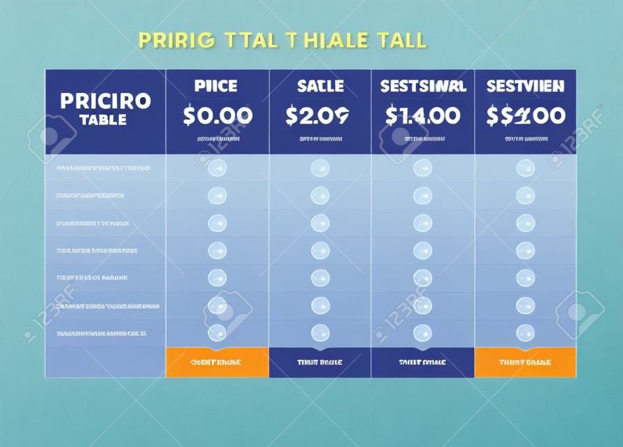 Pricing table design for business. Price plan web hosting or service. Table chart comparison of tariff.
