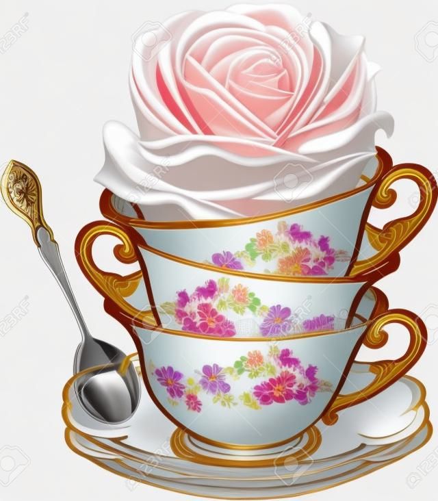 el té de fondo con una cuchara y taza de las flores, ilustración