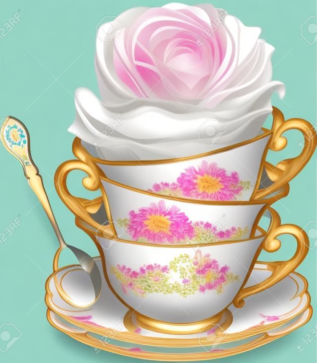 el té de fondo con una cuchara y taza de las flores, ilustración