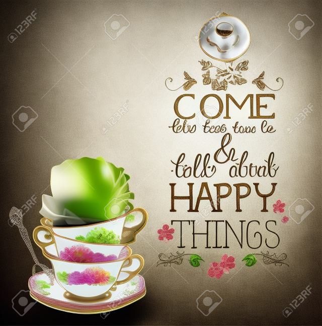 tea time background with text, teapot and cup