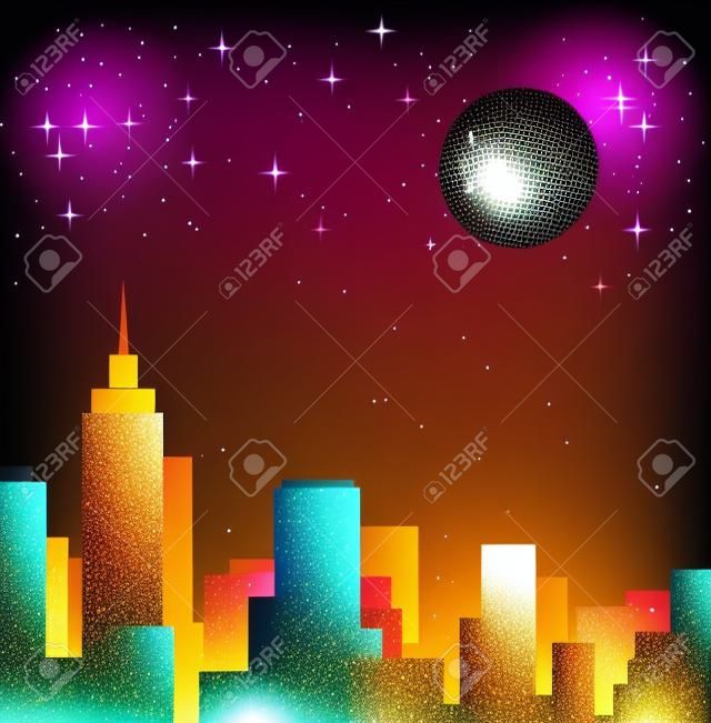 Disco Ball Vector lltustration. Night Party Sityscape Background. Nightlife.