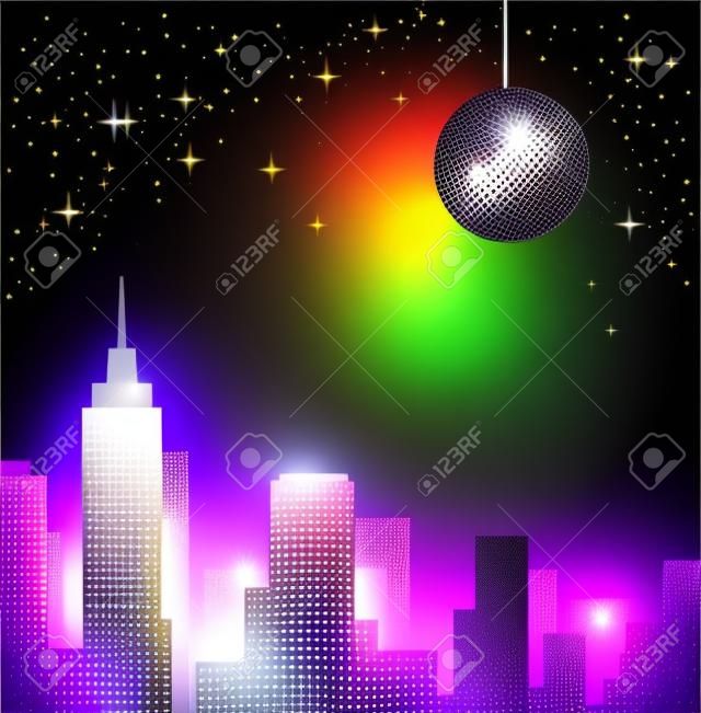 Disco Ball Vector lltustration. Night Party Sityscape Background. Nightlife.