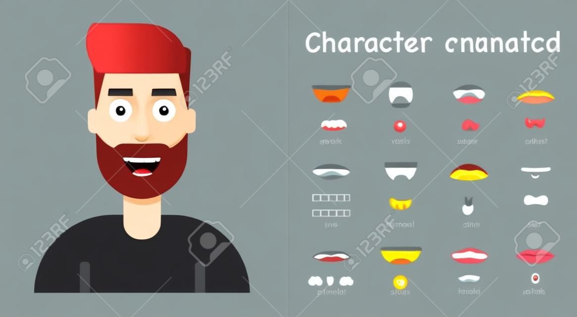 Character lip sync set. Cartoon man. Mouth and lips for sound pronunciation. Flat style. Vector illustration